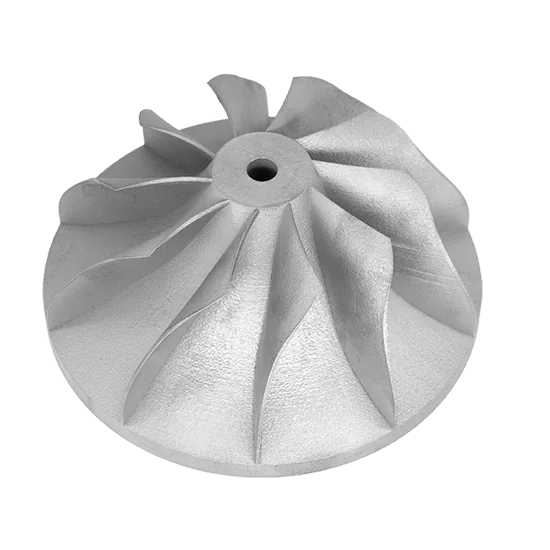3D printed high-strength steel centrifugal turbine impeller.