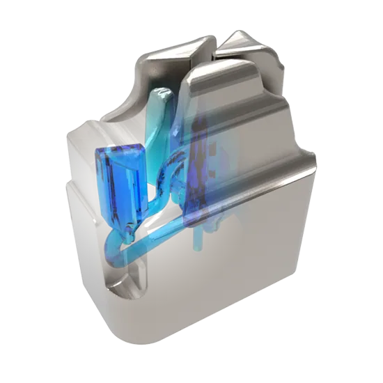 3D printed tool steel mould with conformal cooling channels shown in section.