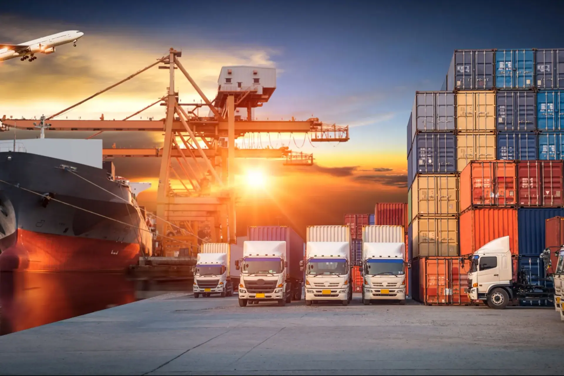 Container port with cargo ship, freight trucks and aircraft overhead.